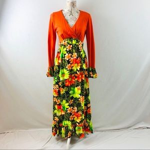 Vintage 70s Pat Richards Orange and Floral V Neck Maxi Dress Long Sleeve Small